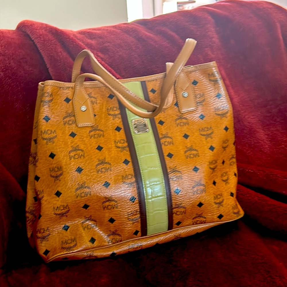 MCM Cognac Visetos Monogram Green Stripe EXCELLENT CONDITION NO CALLOUTS